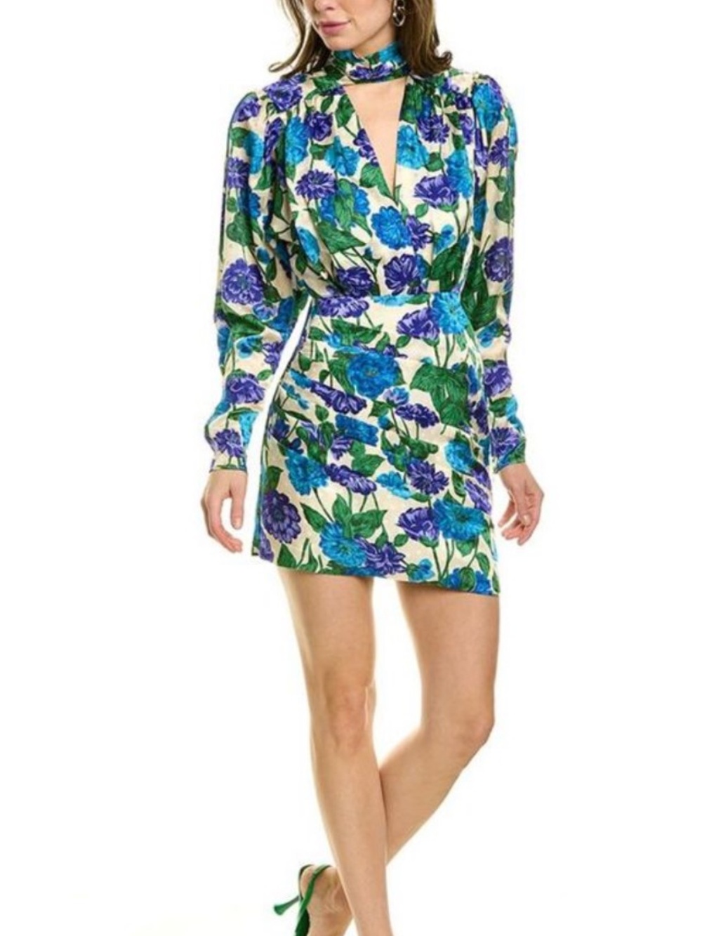 Ronny Kobo Virgo Floral Silk Blend Long Sleeve Mini Dress Keyhole Neck M
